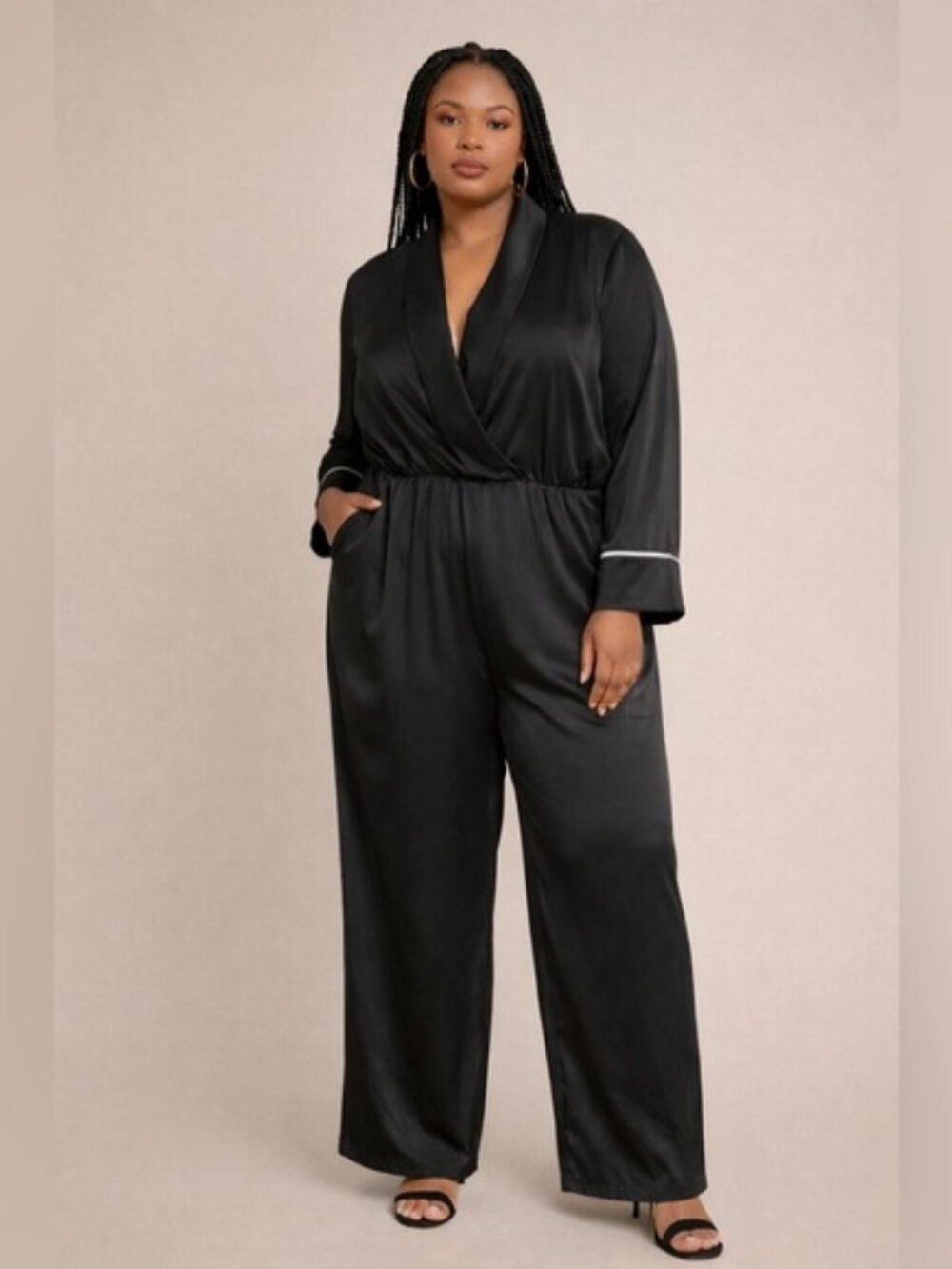 Eloquii Black Satin Surplice Jumpsuit